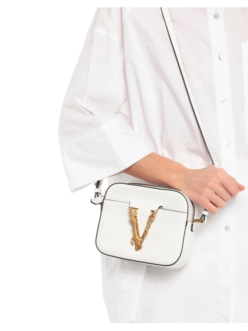 Versace White Leather Crossbody with Gold V Ornament